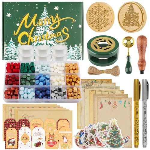 Kit de sellos de cera de Navidad, cabeza de latón, 375 cuentas en 15 colores, calentador, cuchara de fusión, velas de té, calcomanías, etiquetas