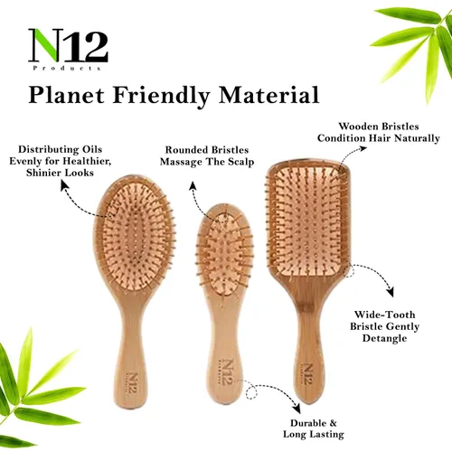 Miniatura 3 de N12 - Juego de 3 cepillos de madera de bambú para mujeres, hombres y niños, peine antiestático para masaje del cuero cabelludo, desenredante