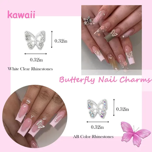 Miniatura 2 de 24 dijes de mariposa para arte de uñas, aleación 3D, plateados, con diamantes de imitación, suministros de arte de uñas, gemas de uñas brillantes