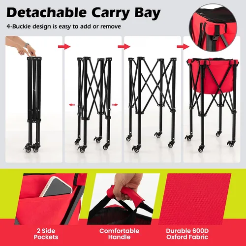 Miniatura 4 de GYMAX Tolva de pelota de tenis, carrito plegable para 150 pelotas de tenis con bolsa de transporte, marco de fácil montaje, bolsa extraíble y 4 Rojo