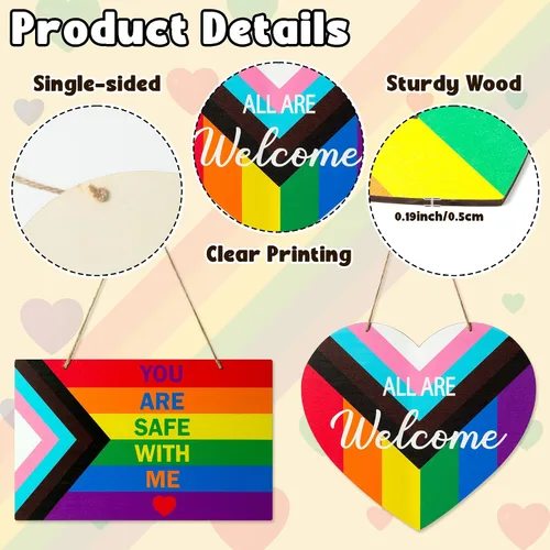 Miniatura 3 de Haooryx LGBTQ - Letrero de puerta del orgullo – 2 piezas de bandera del mes del orgullo LGBTQ+ en forma de corazón, corona de bienvenida de madera