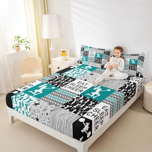 Miniatura 26 de Sábana bajera ajustable de ballet para niñas, juego de ropa de cama de ballet para danza de ballet, sábanas de cama con rayas geométricas onduladas