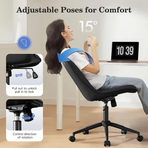 Miniatura 4 de Silla de oficina sin brazos, silla de escritorio sin brazos, silla giratoria ajustable con ruedas, tapizada de piel sintética, compacta
