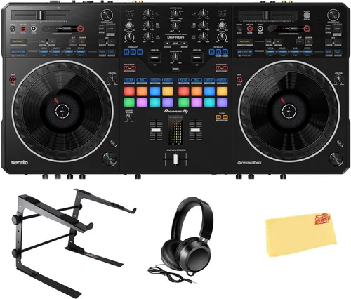 Pioneer DDJ-REV5 Controlador de DJ de 4 cubiertas, paquete negro con soporte para portátil, auriculares y paño de pulido de Austin Bazaar