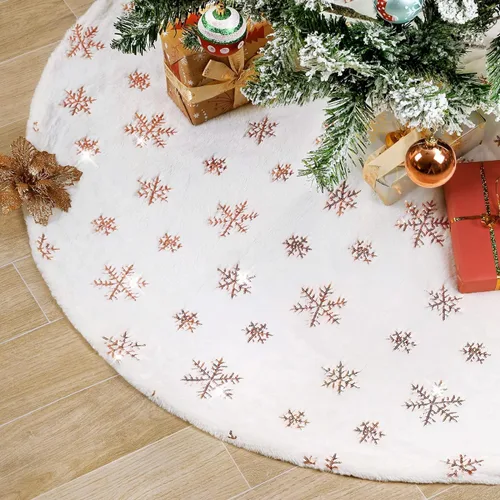 Falda de felpa para árbol de Navidad, falda blanca de piel sintética con copos de nieve de lentejuelas de oro rosa para árbol de fiesta de Navidad