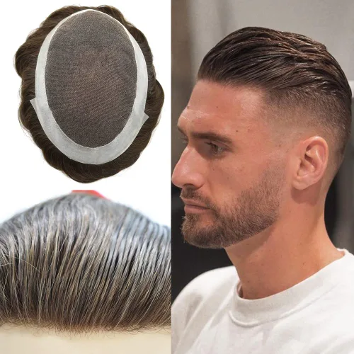 Miniatura 13 de Tupé para hombre, pieza de cabello humano real, encaje francés con piel de poliéster alrededor del sistema de cabello, 8 x 10 pulgadas, unidad