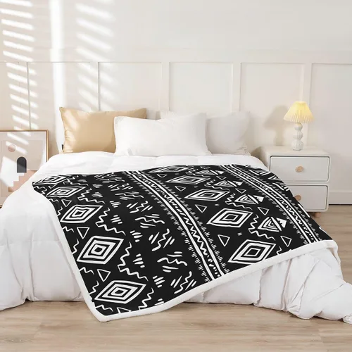 Miniatura 2 de Manta Decorativa Tribal Boho Azteca para Hombres y Mujeres, Manta de Vellón Étnica Bohemia Negro y Blanco de 50"X60", Manta Sherpa del Suroeste