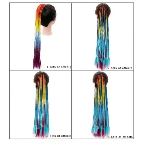 Miniatura 6 de Extensiones de cabello con trenzas de colores con bandas de goma, extensiones sintéticas trenzadas arco iris, accesorios para el cabello de cola