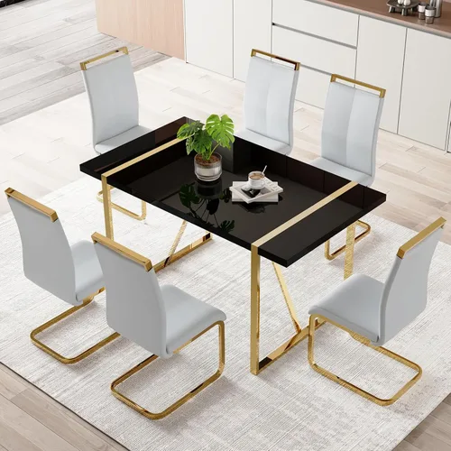 Miniatura 27 de Moderno juego de mesa de comedor para 4, juego de mesa de comedor dorado de 55 pulgadas con 4 sillas de piel sintética negra, mesa de madera negra