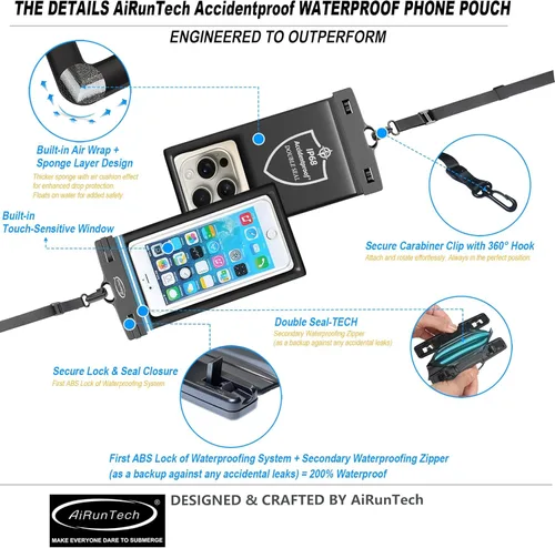 Miniatura 5 de AiRunTech Funda flotante impermeable para teléfono, funda de doble sellado con protector de cordón para iPhone 17, 16, 15, 14, 13, 12 Pro Max, bolsa
