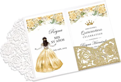 DORIS HOME 50 invitaciones de quinceañera cortadas con láser, purpurina dorada, 4.7 x 7.1 pulgadas, invitaciones de membrillo en blanco para Dorado