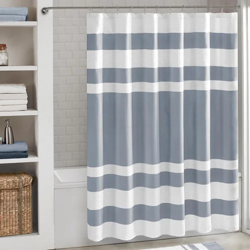 Miniatura 16 de Madison Park Cortina de ducha de tejido waffle con diseño a rayas en piezas, cortina de ducha de tela para baño con gestión de humedad 3M Rayas Taupe