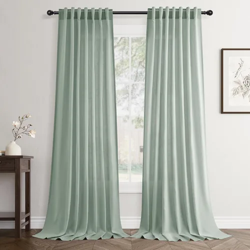 Cortinas de Lino Verde Aguamarina con Trabillas Traseras de 84 Pulgadas de Largo para Sala de Estar, 2 Paneles con Bolsillo, Cortina Filtrante de
