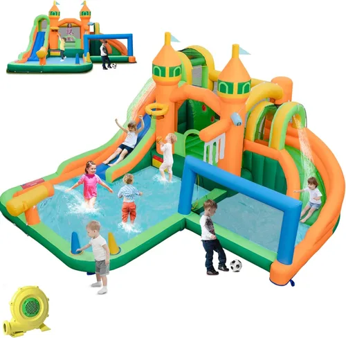 Miniatura 15 de HONEY JOY Tobogán acuático inflable, casa de rebote de agua gigante 8 en 1 y parque acuático con toboganes, escalada, piscina de chapoteo, toboganes