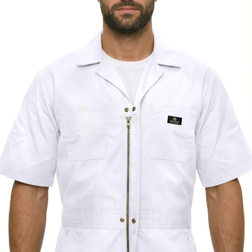 Miniatura 5 de Natural Uniforms - Overol con cremallera de manga corta para hombre, resistente a las manchas y a las arrugas (Blanco, Talla S)