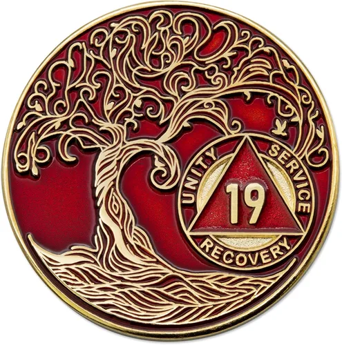 Miniatura 273 de 20 Year Sobriety Mint Twisted Tree of Life - Medallón de recuperación AA chapado en oro, fichas y fichas, color negro