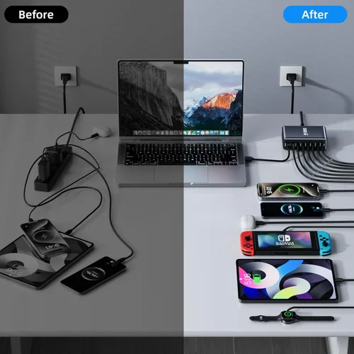 Miniatura 6 de 320W Carga Rápida Bloque de Cargador USB C de 8 Puertos, Estación de Carga USB Multi-Dispositivo Cargador de Pared de Escritorio con Tecnología GaN