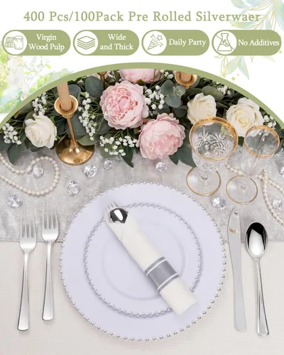 Miniatura 8 de Supernal Paquete de 60 cubiertos de plástico plateado, cubiertos preenrollados, cubiertos plateados desechables de primera calidad, para bodas