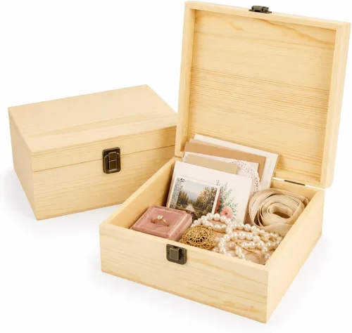 2 cajas de madera grandes, 12.6 x 8 x 3.1 pulgadas, caja de madera sin terminar con tapa con bisagras, cajas de madera reutilizables para
