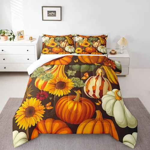 Miniatura 34 de Erosebridal Juego de edredón individual de pavo de Acción de Gracias, juego de ropa de cama de calabaza con hojas de otoño para niños y adultos