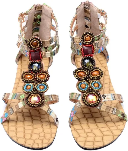 Miniatura 8 de Odema Sandalias planas para mujer, con cuentas bohemias, con cremallera trasera, zapatos elegantes