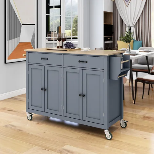 Miniatura 2 de LUMISOL Carrito móvil de isla de cocina con gabinete sobre ruedas, carrito rodante con tapa de madera de caucho, cajones, toallero y estante