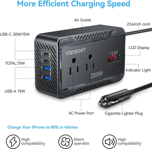 Miniatura 3 de Inversor de corriente de 200W para automóvil, DC 12V a 110V AC, convertidor con [PD 30W y 15W] USB C de carga rápida/3.0A, puertos de carga USB