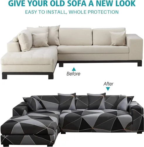 Miniatura 5 de ele ELEOPTION 2 piezas de fundas negras para sofá seccional en forma de L, fundas para chaise de sofá de almohada, funda elástica para sala