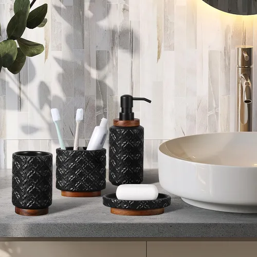 Miniatura 6 de RQYIXI - Juego de accesorios de baño de 4 piezas, soporte para cepillo de dientes, dispensador de jabón, decoración de baño de cerámica y madera