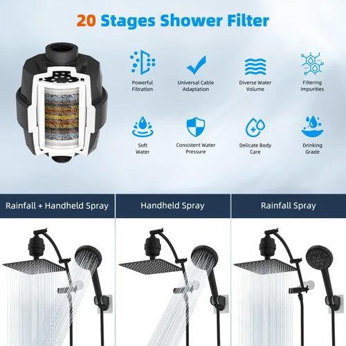 Miniatura 7 de Hibbent Todo Metal 10" Combo de Cabezal de Ducha de Lluvia Filtrado Dual, Cabezal de Ducha de Mano de Alta Presión con Brazo de Extensión Ajustable