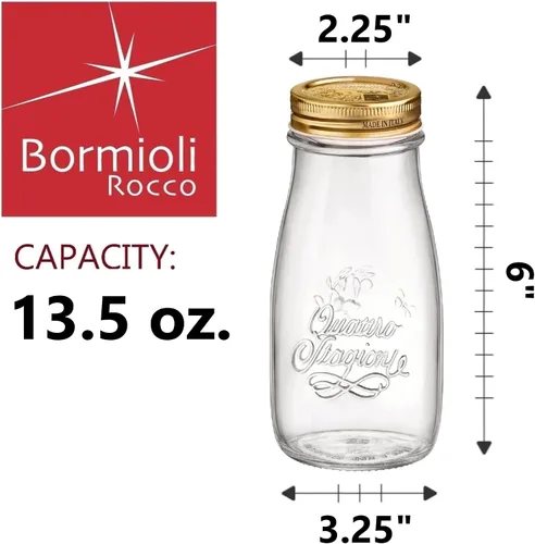 Miniatura 2 de Bormioli Rocco Quattro Stagioni, frasco de cristal para enlatado y botella de bebida, 13.5 Oz. con tapa hermética de metal dorado, hecho en Italia.