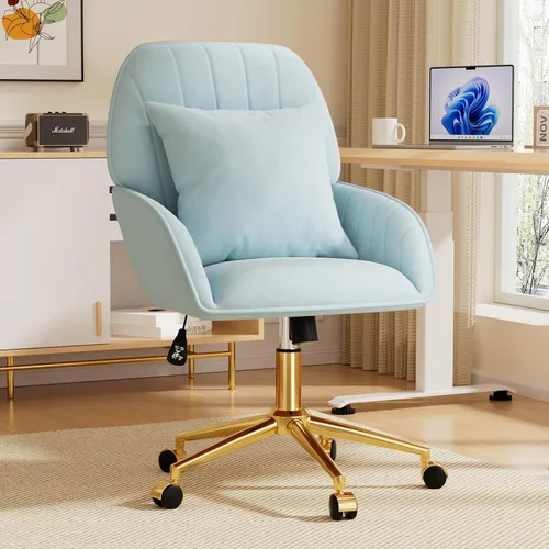 Miniatura 2 de Silla de escritorio para oficina en casa cómoda con ruedas ajustables giratorias, silla moderna de terciopelo para maquillaje con respaldo y Azul