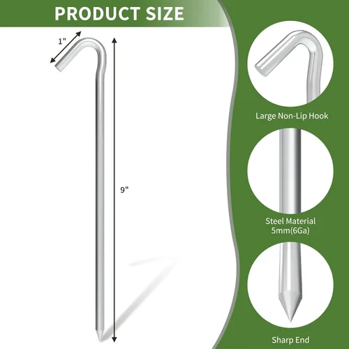 Miniatura 2 de Estacas de Tienda de Metal de 9 Pulgadas Resistente, Paquete de 8, Estacas de Lona de Acampar de Acero Galvanizado Antióxido, Estacas de Suelo