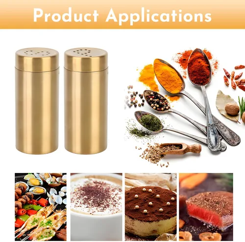 Miniatura 5 de 2 tarros dorados para especias con agujero P/S de acero inoxidable para condimentos para azúcar, sal, pimienta, especias, para cocina del hogar