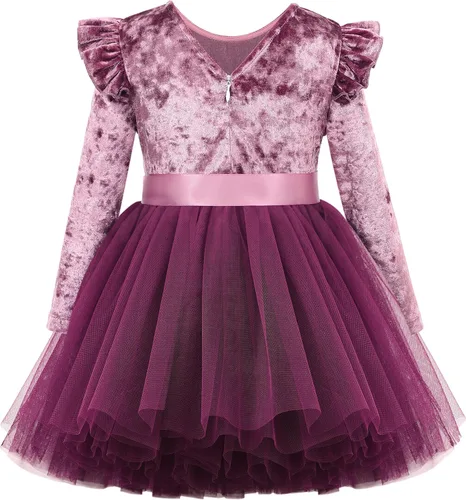 Miniatura 2 de Flofallzique Vestido de terciopelo de manga larga para niñas pequeñas, tutú de tul para cumpleaños, fiesta de té, vestidos de princesa de 1 a 10 años