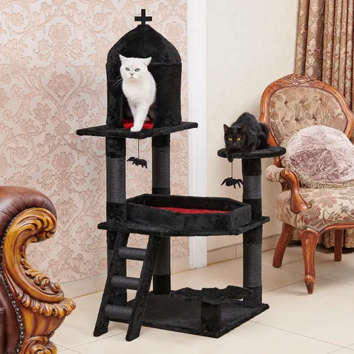 Miniatura 7 de YARUOMY - Árbol gótico para gatos con cama de ataúd, torre para gatos de 55" con amplio condominio para gatos, postes para rascar, bola colgante