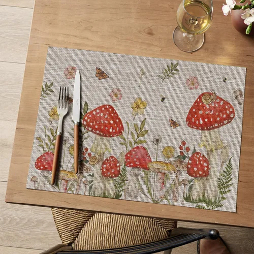 Miniatura 2 de Artoid Mode Juego de 4 manteles individuales beige con diseño de hongos y polilla y flores, 12 x 18 pulgadas, tejido de plástico, lavable