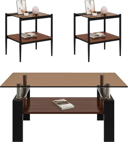 Juego de 3 mesas auxiliares y mesas auxiliares de cristal moderno, juego de mesas de sala de estar con capa de madera de nogal, parte superior