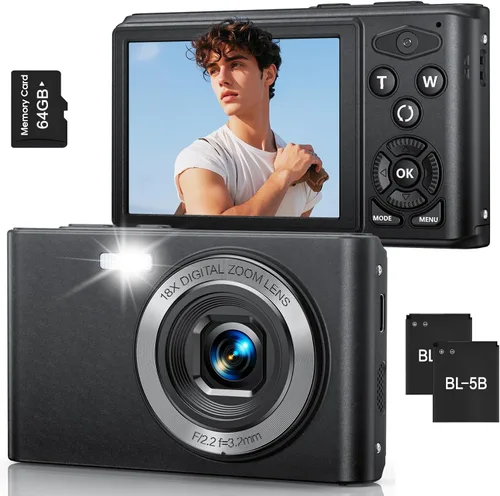 DAILPIC - Cámara digital 4K 1080P de doble lente para fotografía, cámaras digitales de punto y disparo de 64 MP con tarjeta TF de 64 GB, zoom de