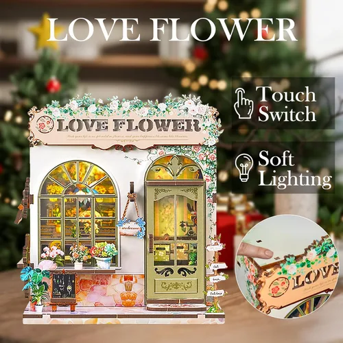 Miniatura 5 de Kit de rincón de libros – Kit de casa en miniatura de bricolaje con luz LED, rompecabezas de madera 3D, decoración de estantería estilo floristería