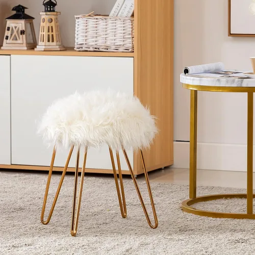 Miniatura 4 de DUHOME Otomana de piel sintética, taburete de maquillaje redondo con patas de metal dorado para dormitorio, sala de estar, color blanco