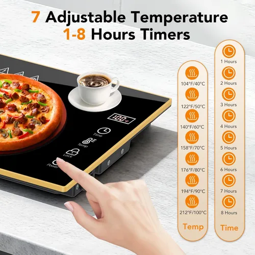 Miniatura 5 de Bandeja de calentamiento eléctrica, superficie de vidrio extra larga de 47 x 12 pulgadas, tapete de calentamiento 3 en 1 para alimentos, con 7