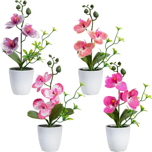 XONOR 4 Piezas Flores de Orquídeas Artificiales Mini Flores de Orquídeas en Maceta Orquídeas Falsas con Jarrón de Plástico para Decoración de Centro