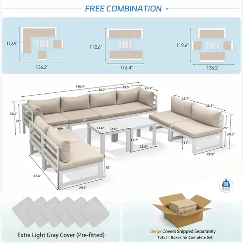 Miniatura 4 de NICESOUL - Juego de 10 muebles de patio extra grandes de aluminio moderno, sofá para exteriores con asiento de 29" de profundidad y ancho, 500 lbs