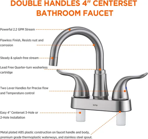 Miniatura 4 de KPW Grifo de Lavabo de Baño de 2 o 3 Agujeros Níquel Cepillado Centerset de 4 Pulgadas Grifo de Lavabo de Baño de 2 Manijas Sobre ABS No Metálico