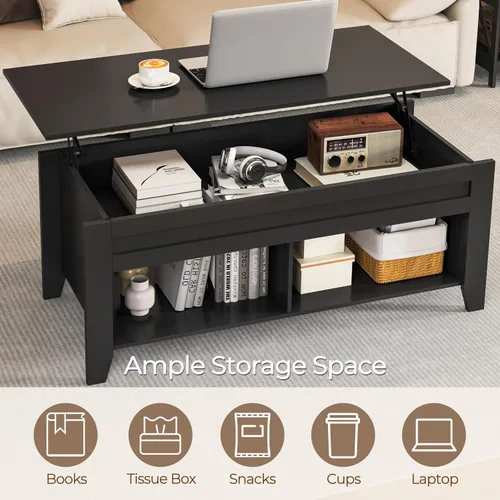 Miniatura 6 de Yaheetech Mesa de centro de madera negra elevable, con almacenamiento oculto y 2 estantes abiertos para sala de estar, recepción, oficina, 39.5 Negro