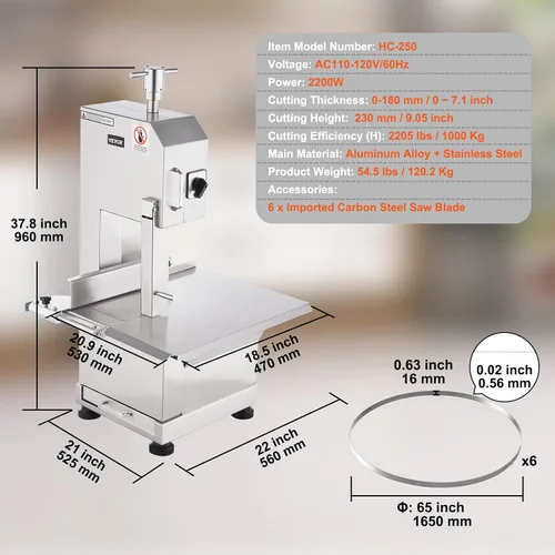 Miniatura 7 de VEVOR Workbeach - Sierra de cinta eléctrica comercial para carne, de acero inoxidable de 2200 W, sierra de hueso para encimera, Workbeach de 18.5 x