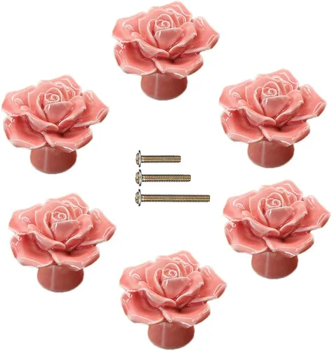Pomos de cerámica elegantes con diseño de rosas para gabinete, 6 pomos de cajón de rosas de color rosa vintage para cocina, para habitación de