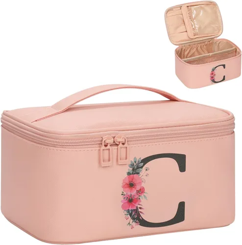 Miniatura 24 de OCHEAL Bolsa de maquillaje personalizada, bolsa de maquillaje beige para mujer, kit de aseo de viaje con monograma, organizador de cosméticos listo