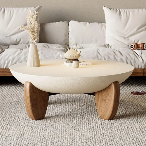Miniatura 10 de homary - Mesa de café redonda de hormigón con patas premium de madera de nogal y fresno, mesa central de acabado de cemento moderno minimalista